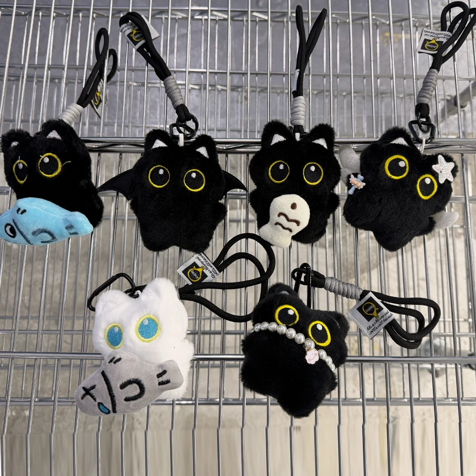 Yupsk 6/1pcs Cute Plush Black Cat Doll Toy Keychain Bag Pendant Charms Kawaii Keyring Accessories For Women Couples Gift