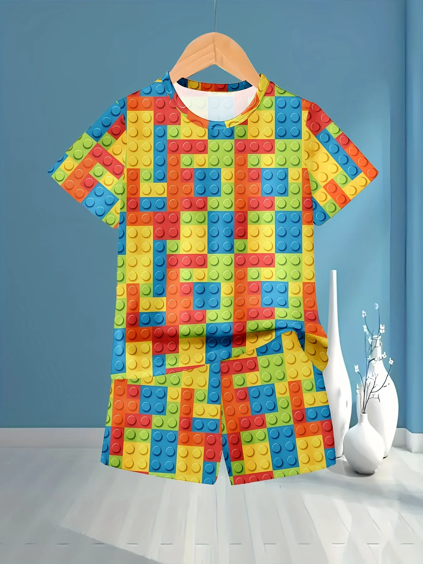 2026 Children's Clothing 3D Colourful Bricks Summer Tops Child Sets Short Sleeve Kids Tracksuit Sets Fashion Boys Kids Clothes