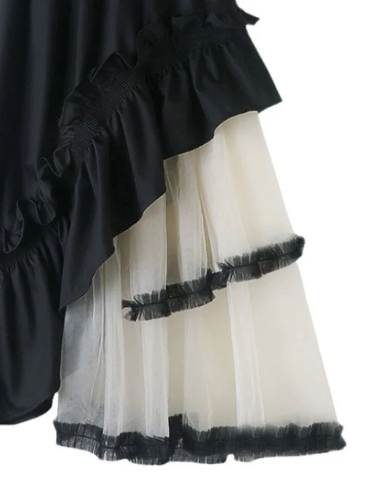 2024 New Irregularity Tulle Patchwork Kawaii Midi Long Skirt Japanese Multi Layer Ruffle Black High Waist Lolita Pleated Skirts