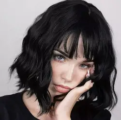 Black Short Natural Wavy Bob Wigs with Bangs Synthetic Soft Party Wigs for Women