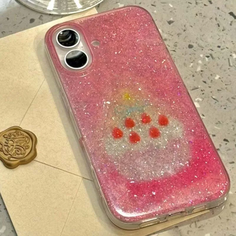 Glitzer-Handyhülle mit rosa Erdbeer-Torten-Motiv für iPhone 11 12 13 14 15 16 17 18 Pro Max – Detail 4