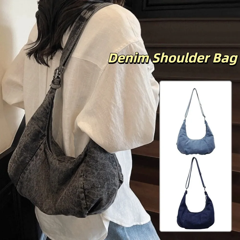 

Korean Vintage Denim Shoulder Bag Large Capacity Versatile Hobo Sling Bag Cross Body Zipper Satchel Bags Handbag