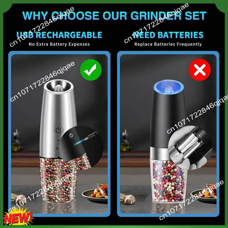 

A48I 2PCS Electric Salt And Pepper Grinder Set USB Rechargeable Pepper Mills With LED Light Automatic Spice Grinders Stainless S