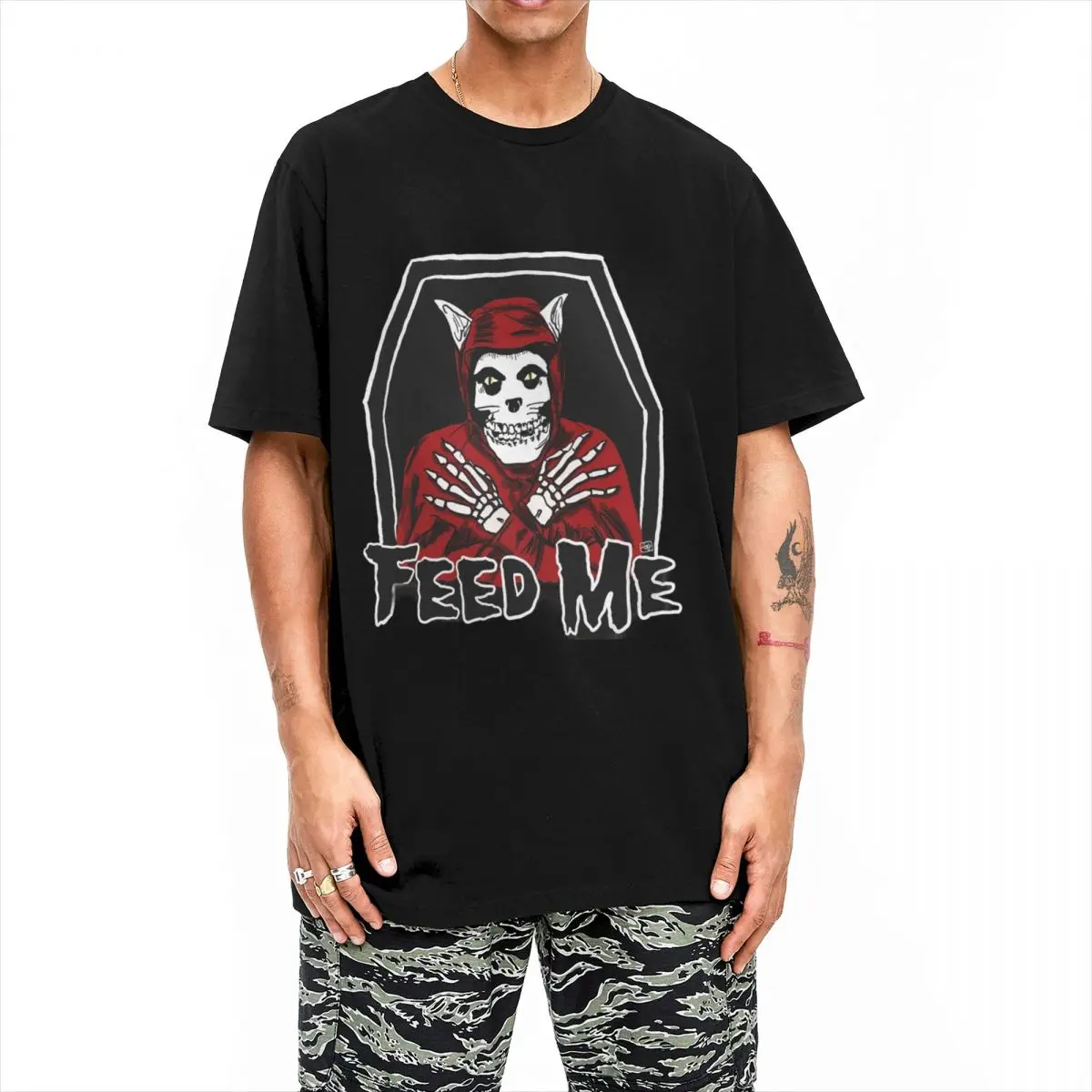 Feed Me Meow Misfits Skull T Shirts Men Women's Cotton Novelty T-Shirt Crew Neck Metal Music Band Tees Short Sleeve Tops Summer