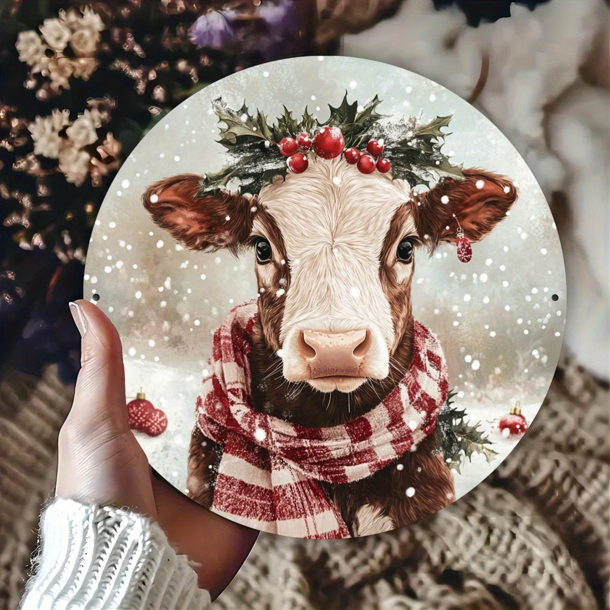 A Round Aluminum Highland Cow Christmas Wall Decoration, 8X8 Inches, Featuring an Animal Theme for Living Room Wall Decor, Indoo