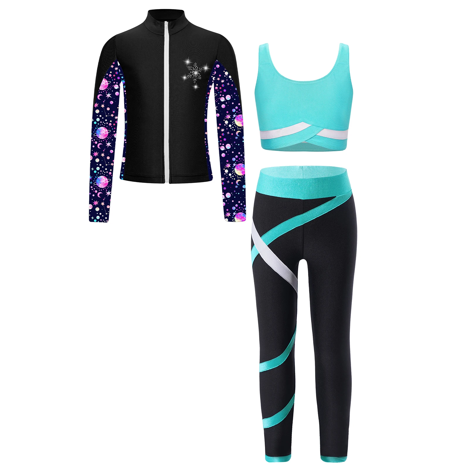 Kids Girls Sports Tracksuits Gymnastics Workout Outfits Long Sleeves Athletic Shirt with Vest Tops Leggings Fitness Ice Skating