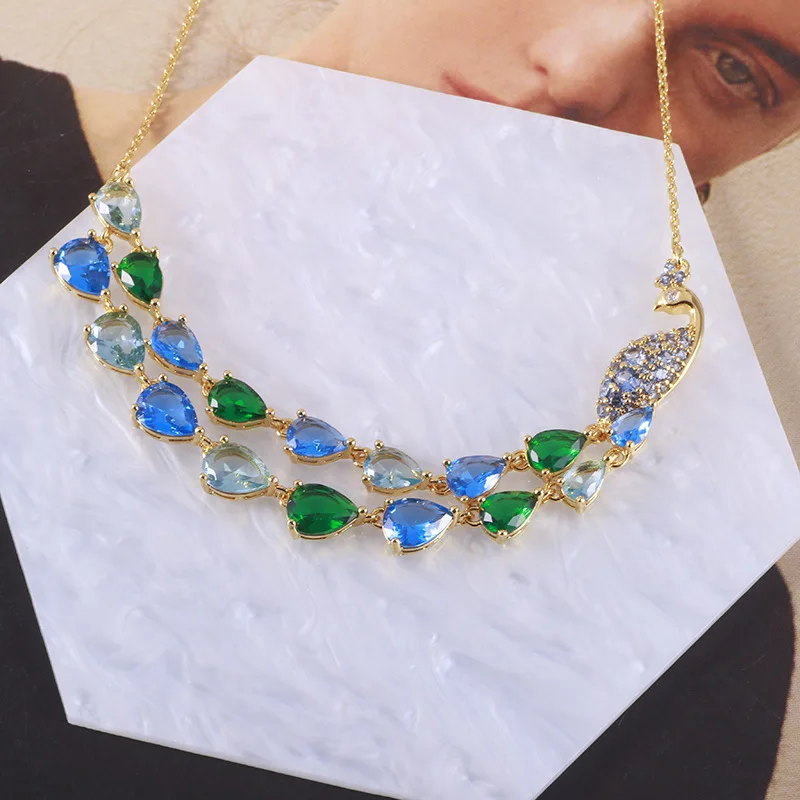 New Arrival European and American Jewelry Shining Water Drop Blue Green Zircon Splicing Peacock Necklace Sweater Chain for Women