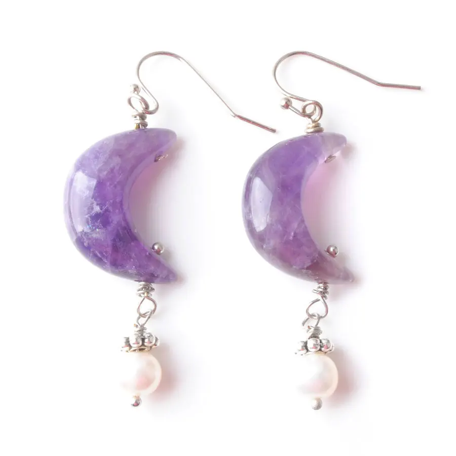 Moon Shaped Natural Stone Dangle Earrings Reiki Hanging Pearl Crystal Pink Quartzs Charm Women Jewelry 1pair BO947