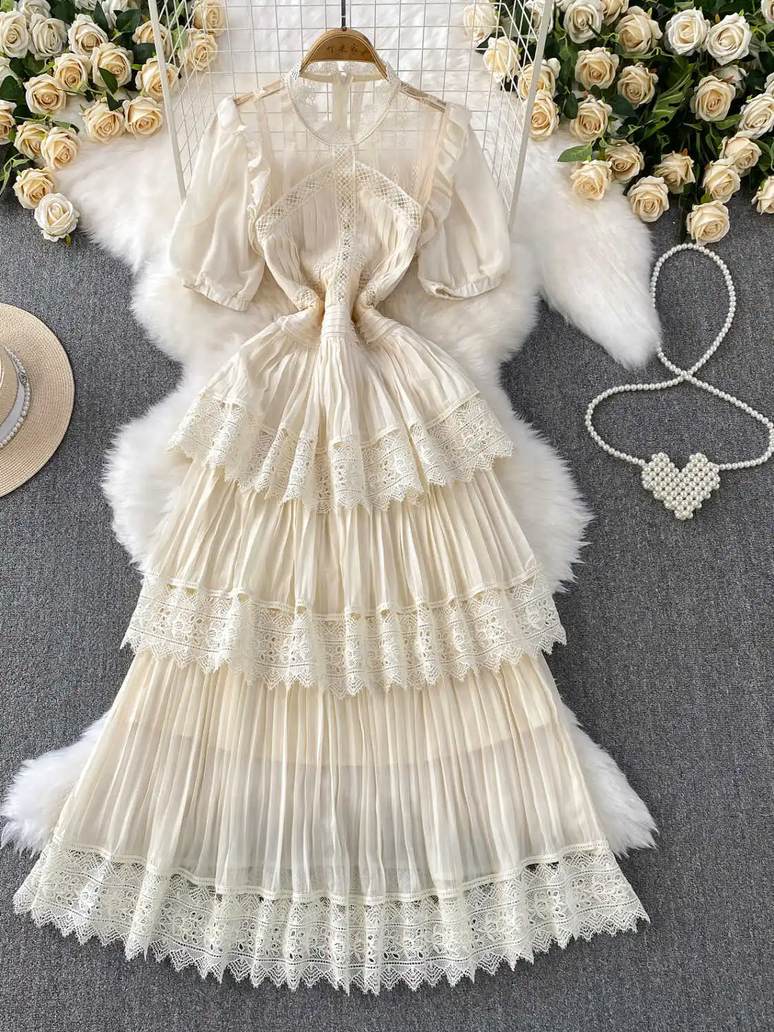 

Women Beige A-line Evening Dress Vintage Lace Patchwork Long Luxury Dress Y2k Holiday One Piece Frocks 2000s Clothes Summer 2025