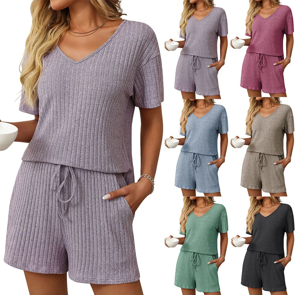 

1pcs European and American women's clothing 2025 summer new Amazon solid color pit strip pajamas short-sleeved loungewear set.