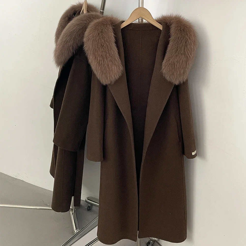 OFTBUY Kapuzenmantel mit Gürtel aus Naturfell und Wolle, langer Damen-Wollmantel mit echtem Fuchsfell, neuer Winter-Wollmantel für Damen – Detail 6