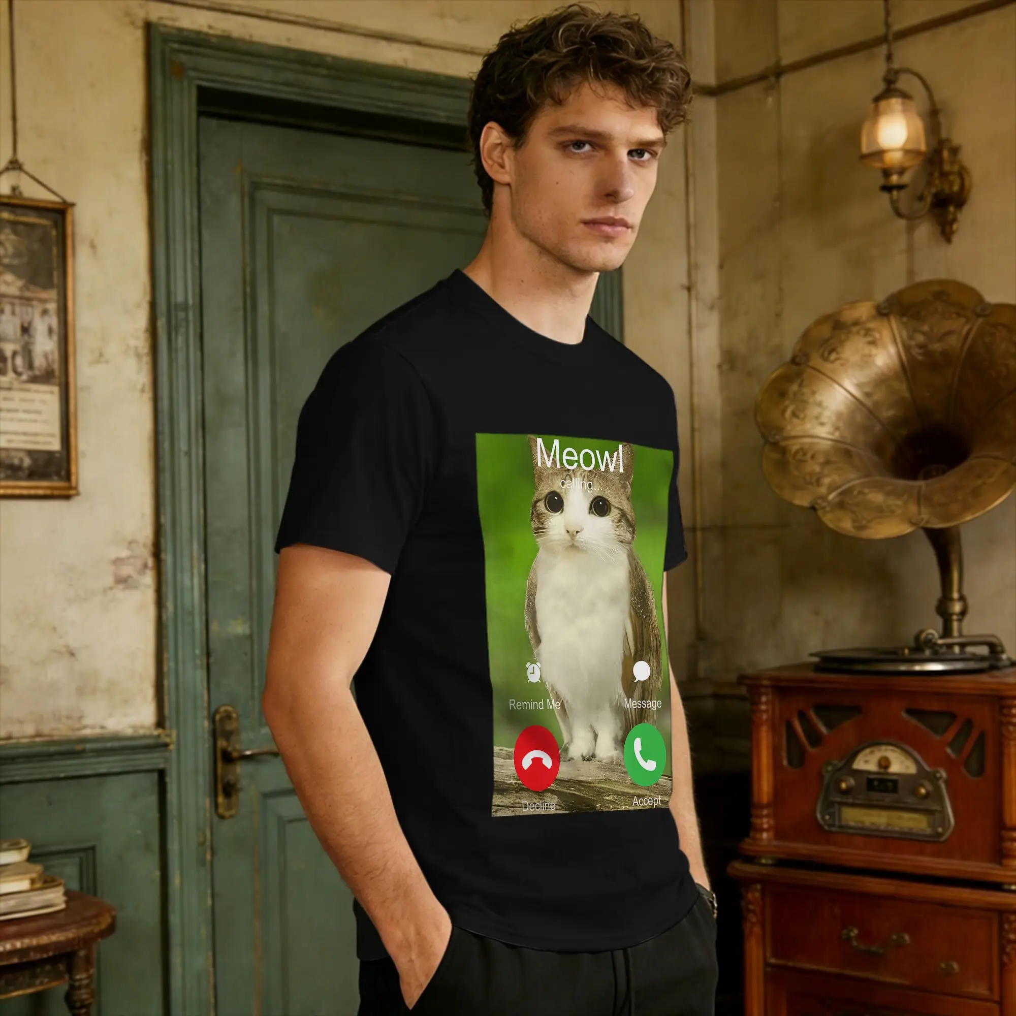 Is Calling Decline Accept Phone Call Funny Cat Meme T Shirt  T Shirts Short Sleeves Awesome Tops Summer Cotton Oversize Tees