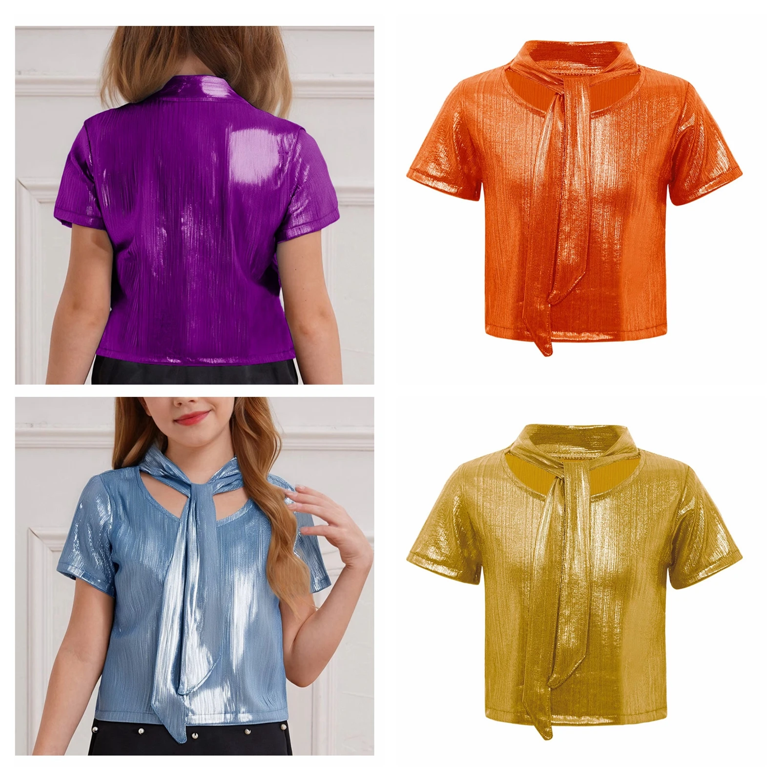 Moda per ragazze Top metallizzati Costume da spettacolo per bambini Streetwear Festival musicale Abiti da ballo hip-hop T-shirt con lacci