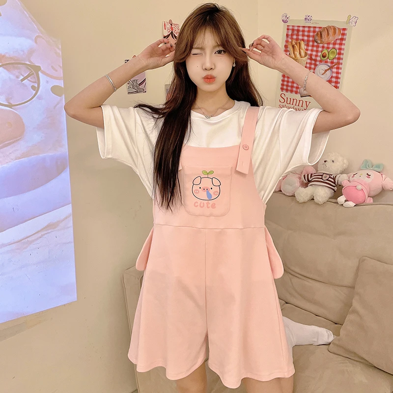 Funny Girls Pajamas Set Women Sleepwear Cartoon Cotton Overall Cartoon Pig Student Wear a 2 Piece set Home Clothing Women Piiama