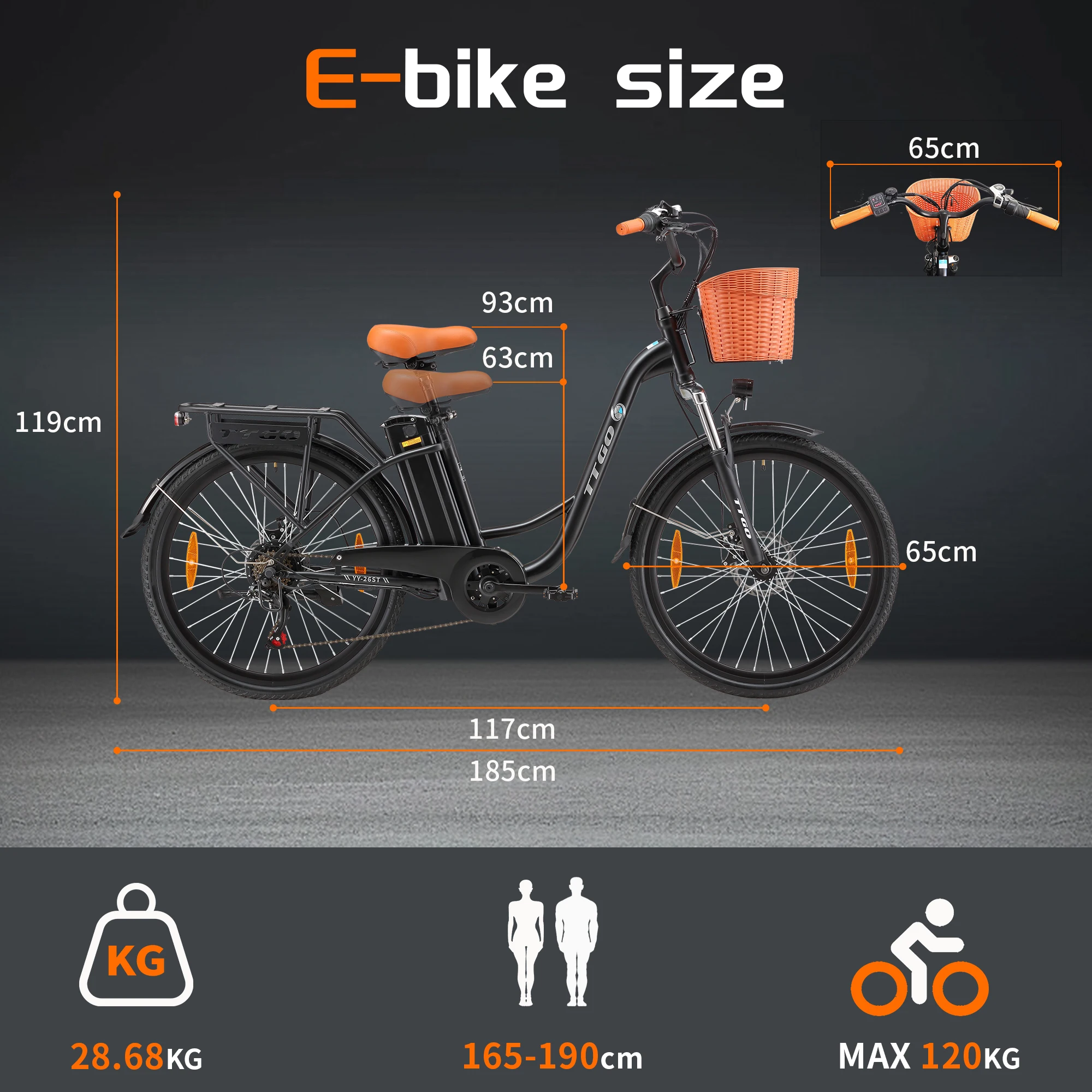 TTGO YY-26ST Electric Bike 26 Inch E-bike 36V14.5 Ah Battery,City Bike 60-75 km Electric Bicycle with Basket EBike for Men Women