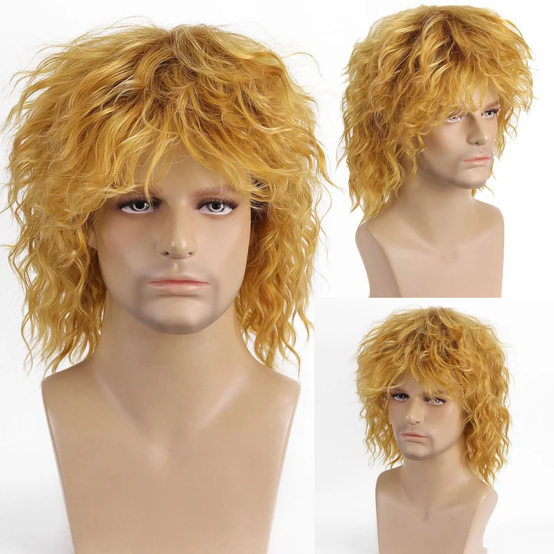 Short blonde curly mullet style, golden-brown with dark roots, 70s 80s rock wig