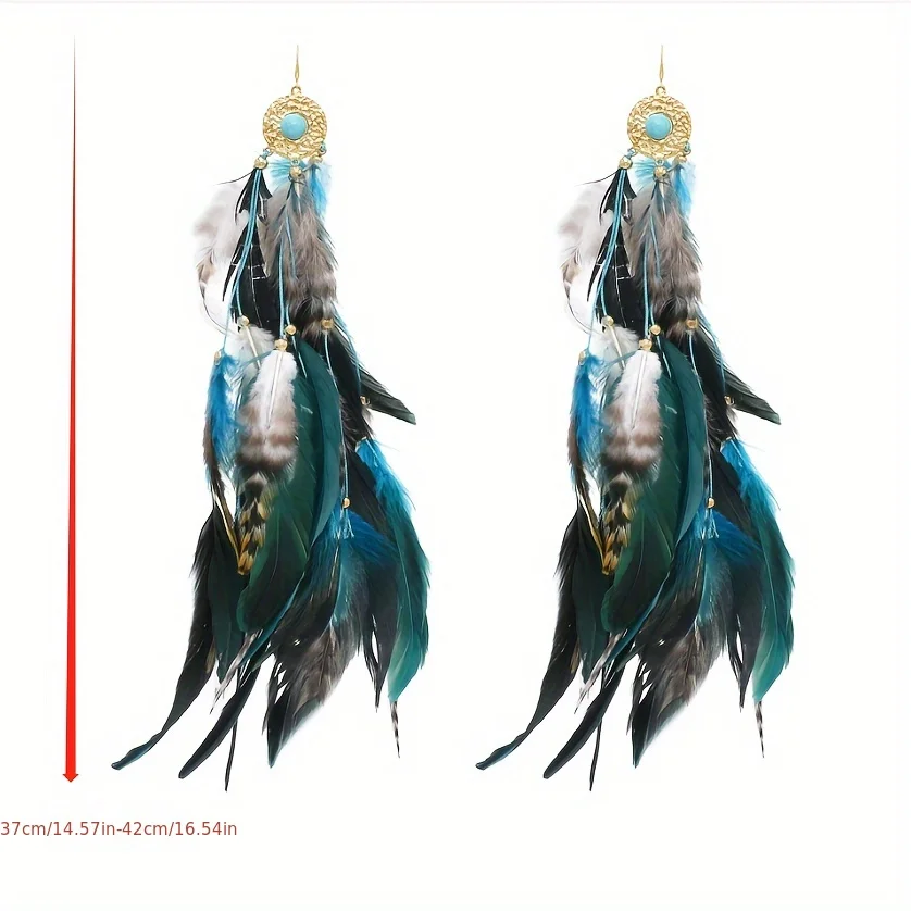 Exaggerated Fashion Feather Long Earrings Hollow out Alloy Turquoise Earrings 3D Metal Earrings