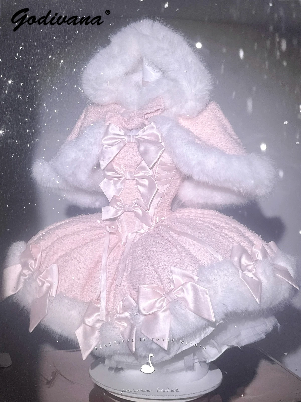 

Новый зимний комплект принцессы с меховым плащом на подтяжках, женский новогодний рождественский комплект Лолиты с милым бантом и накидкой с капюшоном, пальто и платье