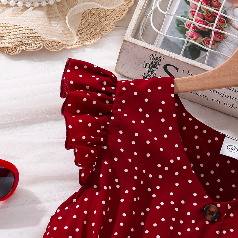 Kids Summer Girl 8-12 Years Old Red Sleeveless Flying Sleeve Polka Dot V-neck Waist Dress Simple Temperament Fashion Daily Style