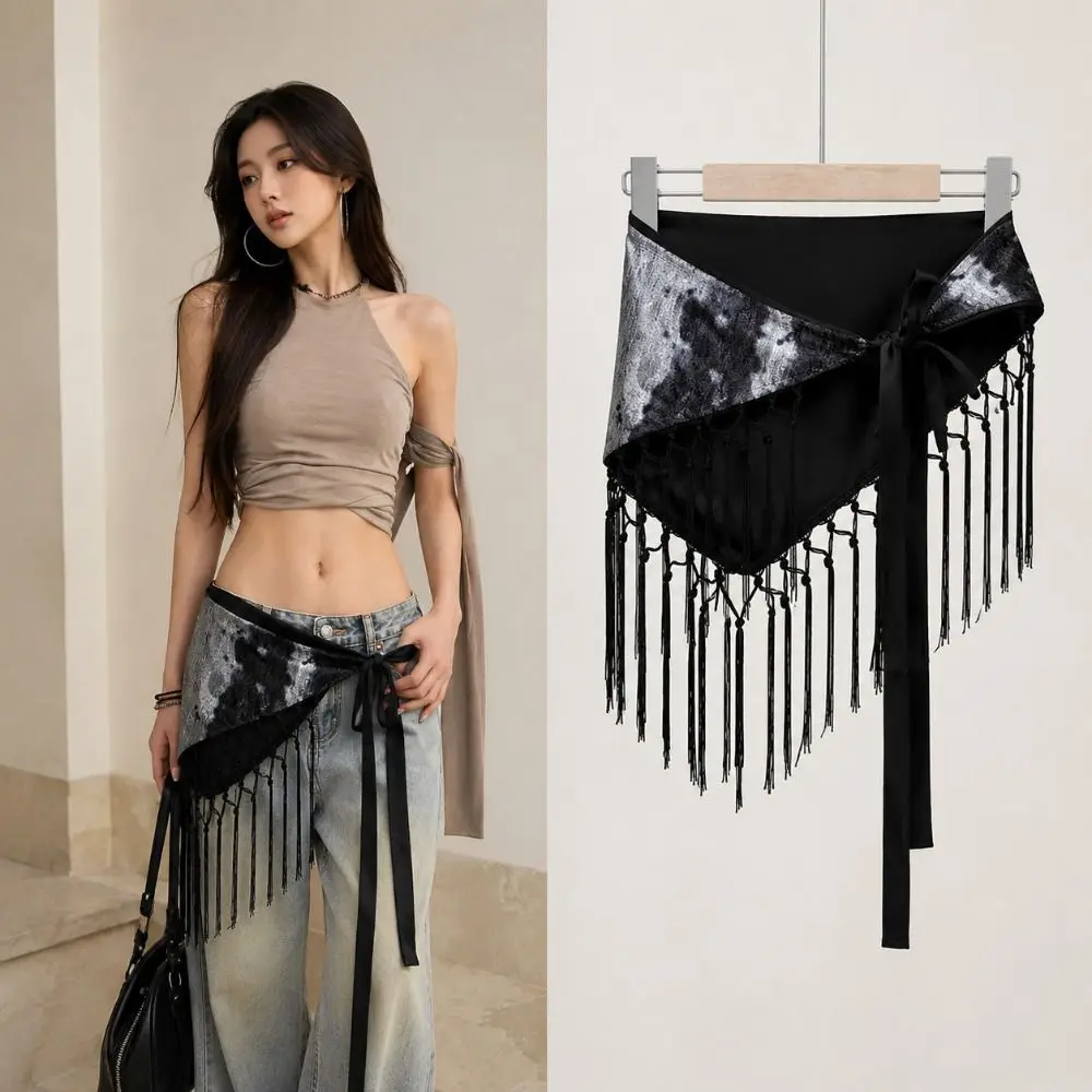 Trendy Leopard Print Triangle Hip Scarf Tie Dye Self-tie Waist Wrap Skirt Fringed Edge Beach Cover Up Streetwear Style