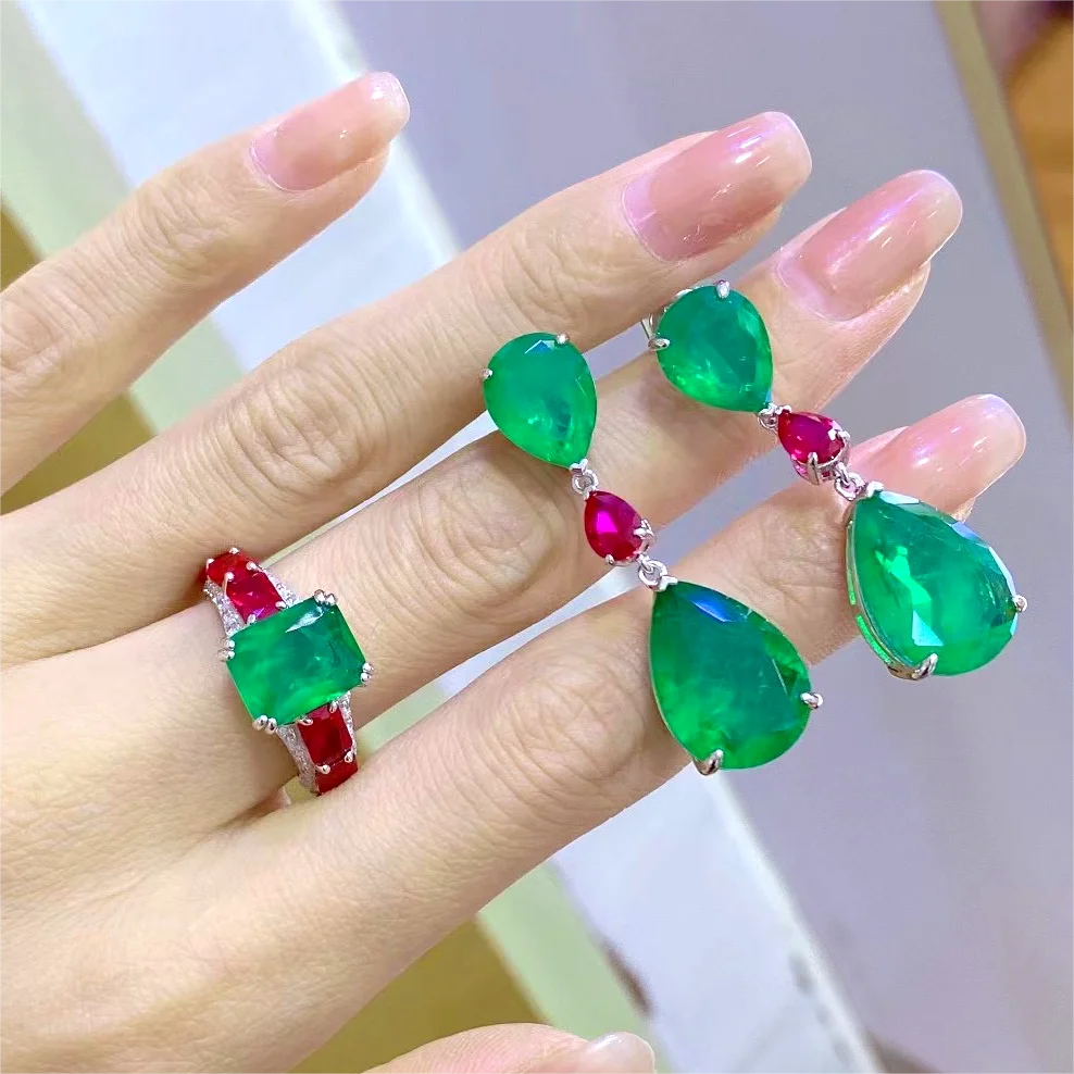 ZOCA  Luxury Real S925 Sterling Silver Emerald Jewelry Sets Green Stone Drop Earrings Square Ring Ladies Elegant Gifts Party