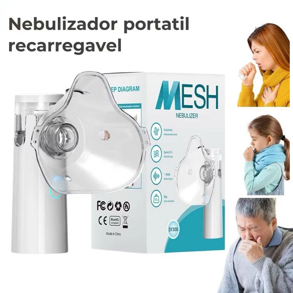 Inalador Silencioso Portátil Recarregável com Timer Automático para Tratamento Respiratório de Bebês e Adultos