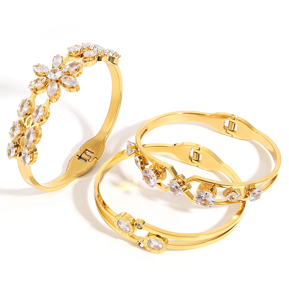 Greatera الفولاذ المقاوم للصدأ حجر الراين سوار الأزياء الأرقام الرومانية تصميم المعين زهرة الحفر القلب نمط المرأة الإسورة #3