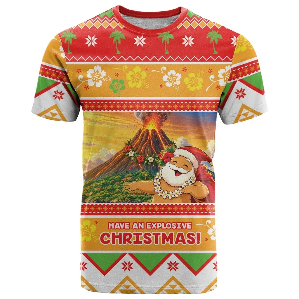 Men's Hawaiian Santa Volcano Christmas Print T-shirt for Holiday Party, Crew Neck, Quick Dry Breathable Relaxed Fit Tee