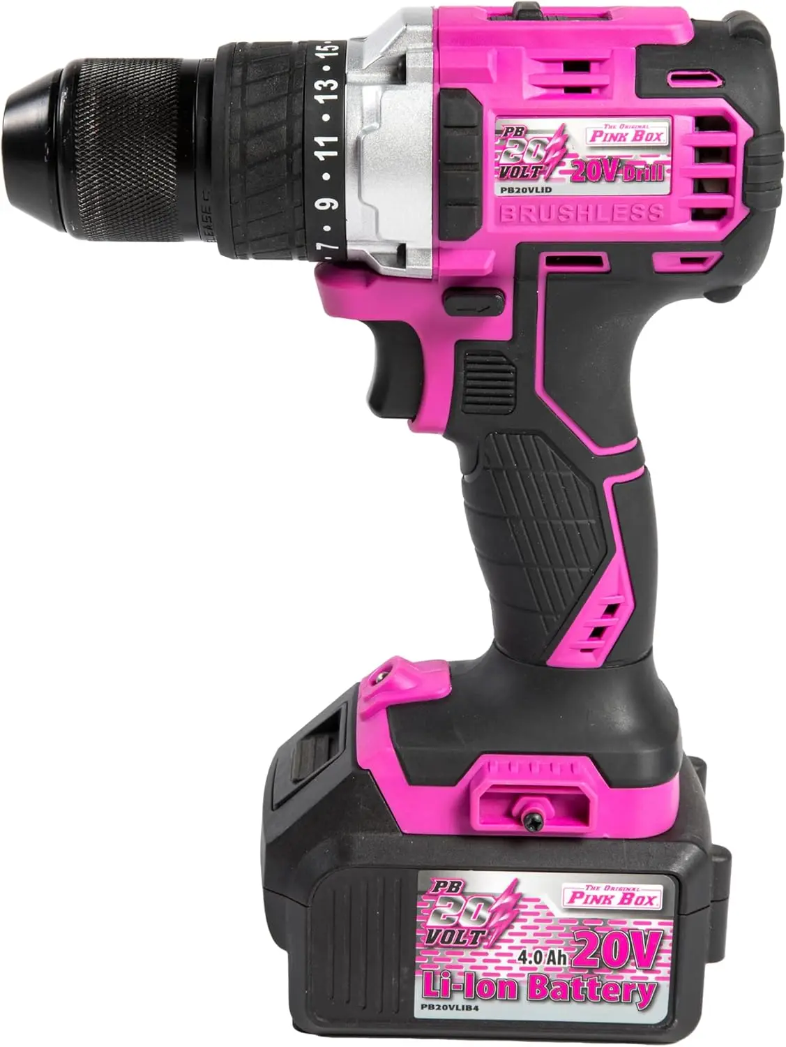 

Литий-ионная аккумуляторная дрель с бесключевым патроном, 20 В, 1⁄2 дюйма, с аккумулятором емкостью 4 Ач, розовая