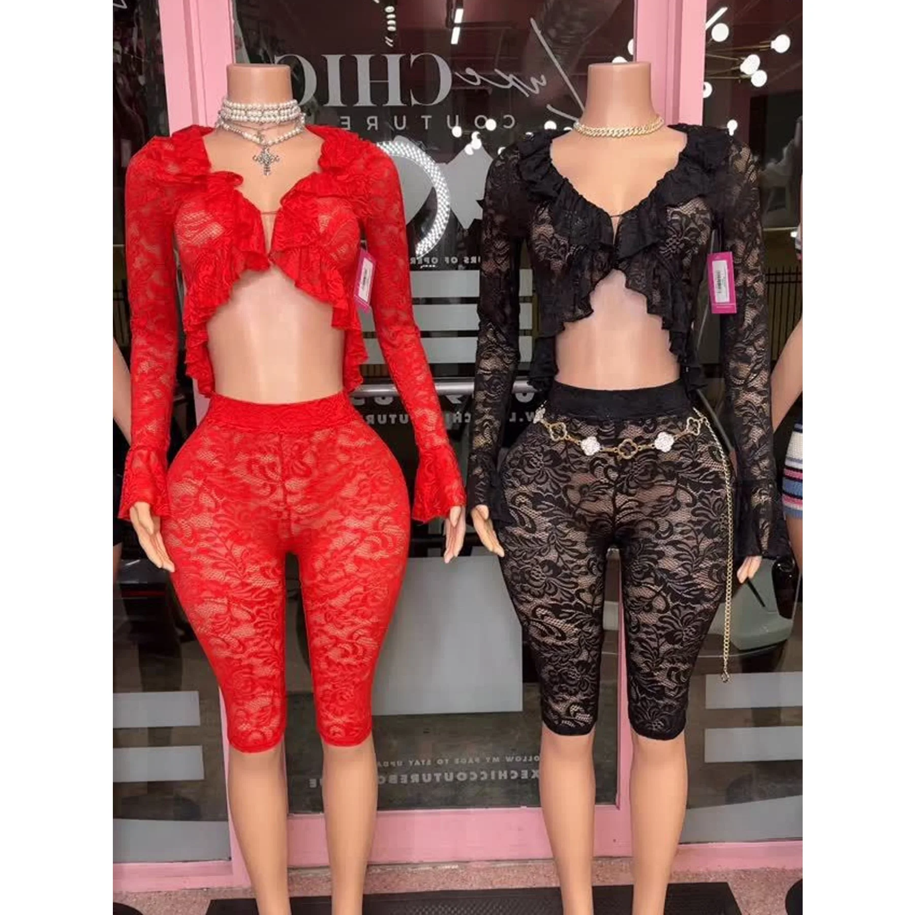 

Sexy Lace Ruffle Tops 2 Piece Pant Set Outfits Y2K Streetwear Women Flare Pants Tracksuit Elegant Crop Tops Two Piece Sets