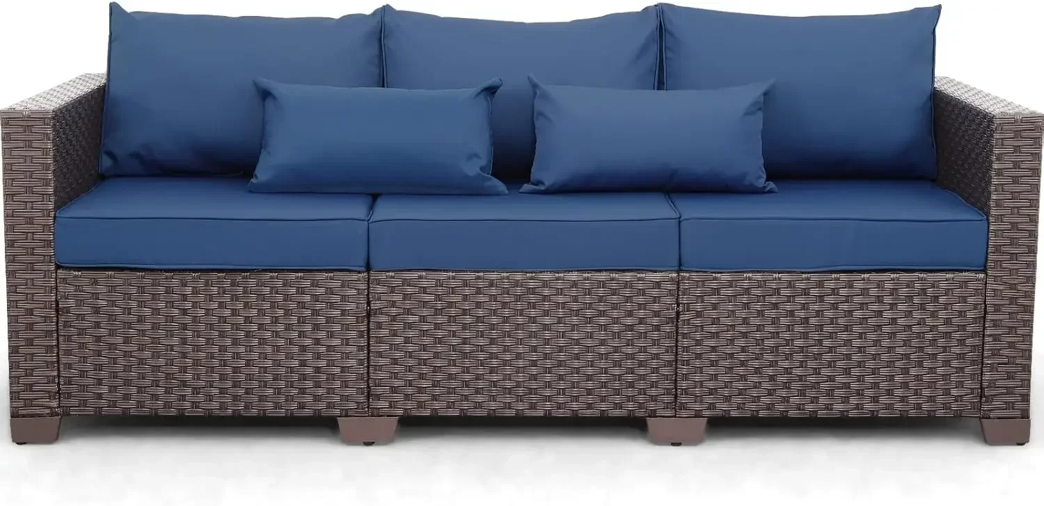 3 Seater Sofa Outdoor Brown Wicker Sofa Deep Seat High Backrest Patio Couch w/ Non-Slip Cushions & Waterproof Cover, Navy Blue