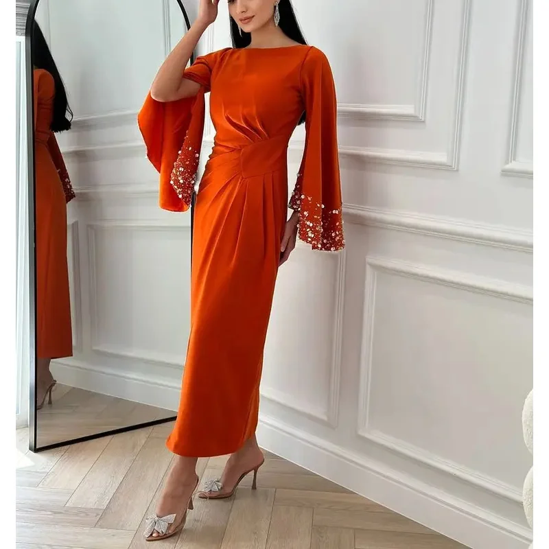 

Adeli Saudi Elegant Long Sleeves O-neck Evening Dresses Pleated Beadings Sequins Back Zipper Ankle Length Customized Prom Dress