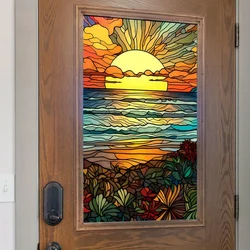 Colored Seaside Sunset Window Privacy Sticker Decorative Electrostatic Sticker Window Privacy Film Stained Glass Home Decoration