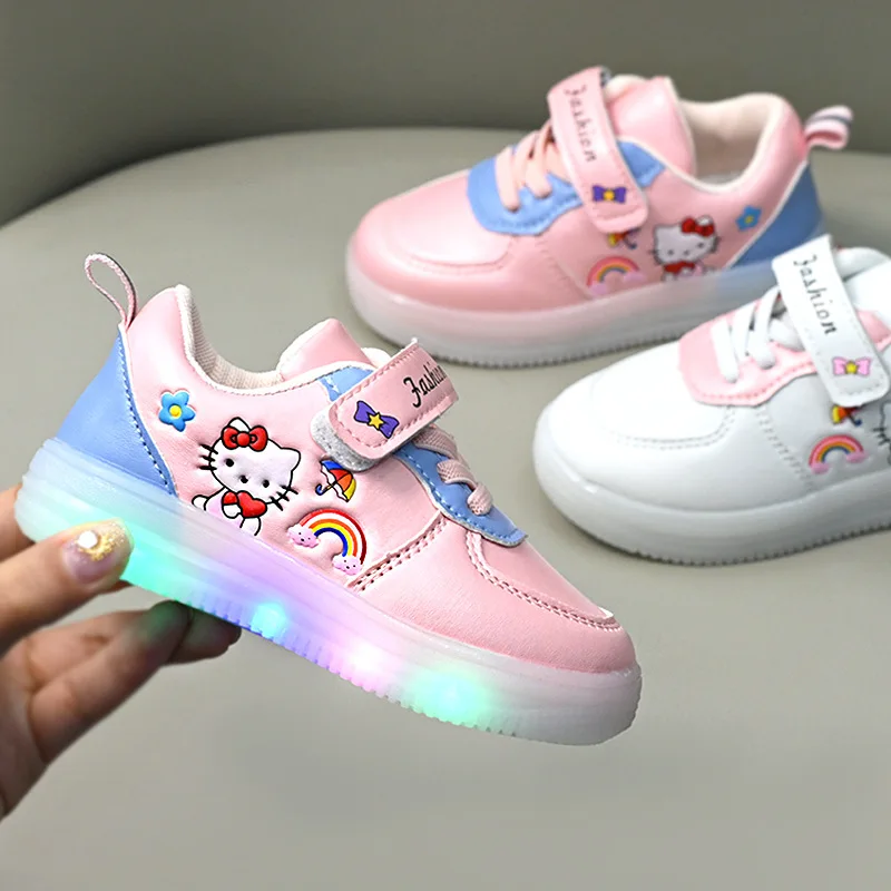 

LED Kids Shoes for Girls Cute Cartoon Hello Kitty Shoes Baby Girl Kawaii Canvas Shoes Soft Bottom Sneakers Casual Shoes
