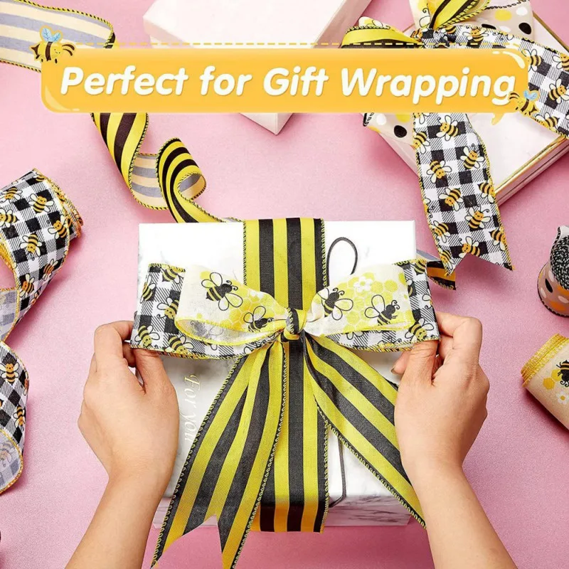 1 Roll Gift Wrapping Ribbon Little Bee Printed Grosgrain Ribbon Hair Bow Holiday Wedding Event Party Gift Packaging Ribbon Decor