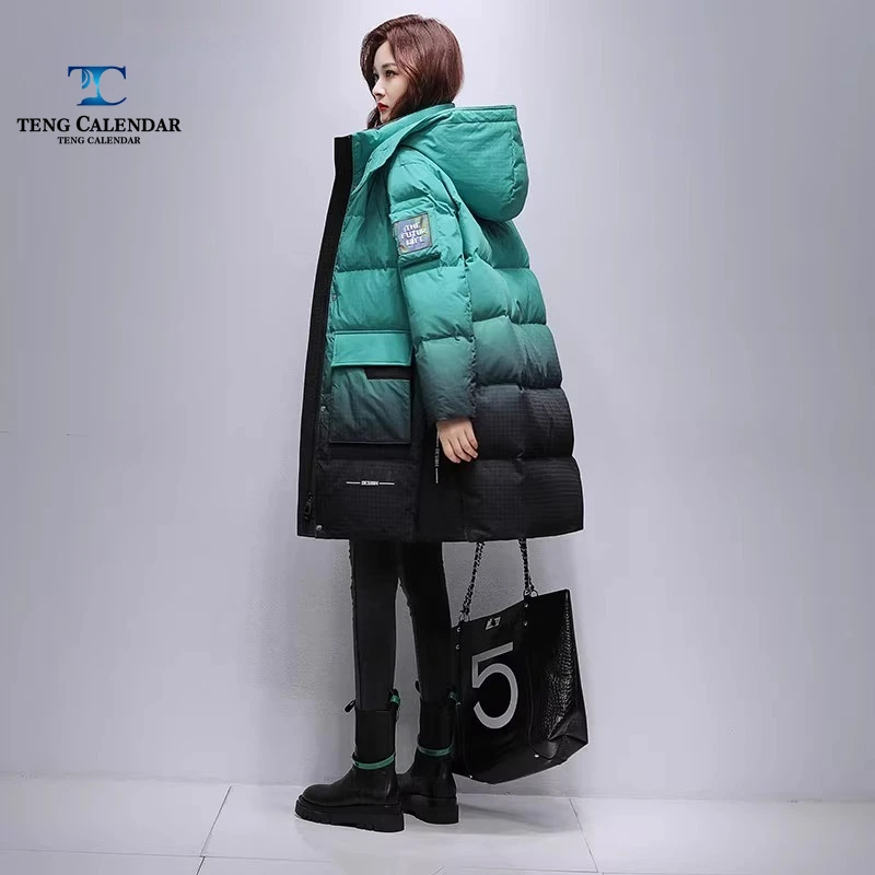 Winter Down Jacket, Medium To Long Korean Gradient Thickened Fashionable Hooded Jacket, Women's 2024 Winter New Style