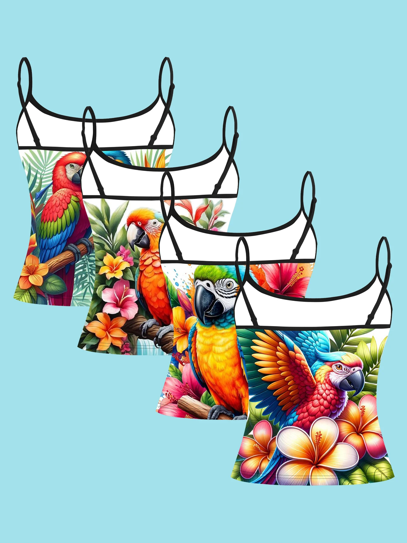 4-Piece Summer Rainforest Parrot-Themed Suspender Set with Plumeria and Colorful Bird Patterns, Slim-Fit Inner Tank Top for Women