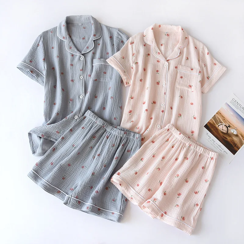 

Women Cotton Pajama Short-Sleeved Shorts Thin Home Loose Cardigan Lapel Peach Print Large Sleepwear Two-Piece Set Sexy Nightwear