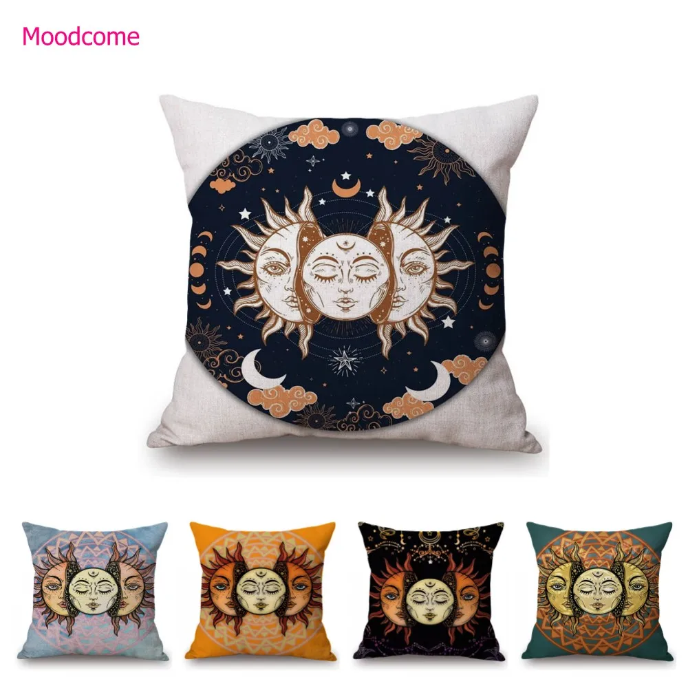 Tarot Card Sun Moon Hippies Art Cartoon Home Decorative Cotton Linen Sofa Throw Pillow Case Cartoon Astrology Art Cushion Cover