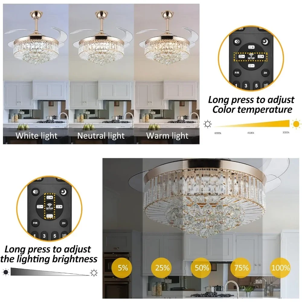 Imagem -03 - Lustre de Cristal Reversível Escurecimento Stepless Ventilador de Teto Moderno Controle Remoto Lâminas Retráteis Invisíveis