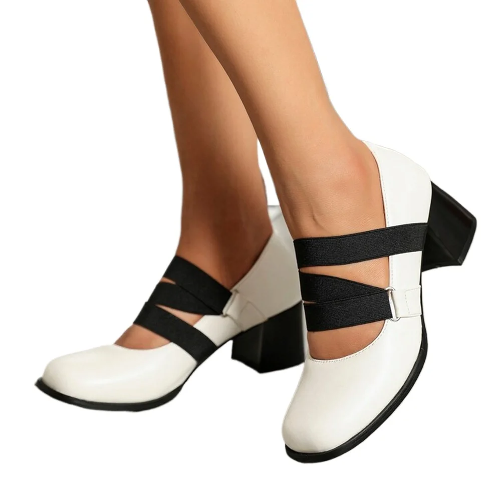 مثير موضة جديدة كعب خشن ماري جين النساء أحذية مريحة منصة الكعوب ساحة تو شريط مرن بسيط كبير الحجم 47 823-2