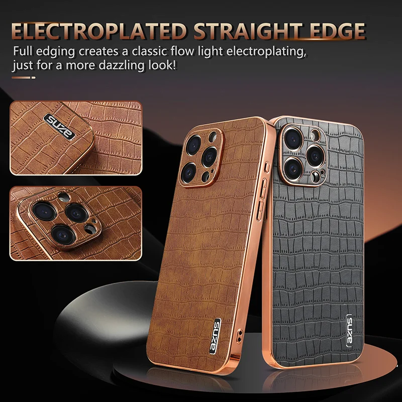 

Luxury Crocodile Texture Electroplated Border Phone Case For IPhone 15 14 Plus 13 12 11 Pro Max Precision Hole Lens Back Cover