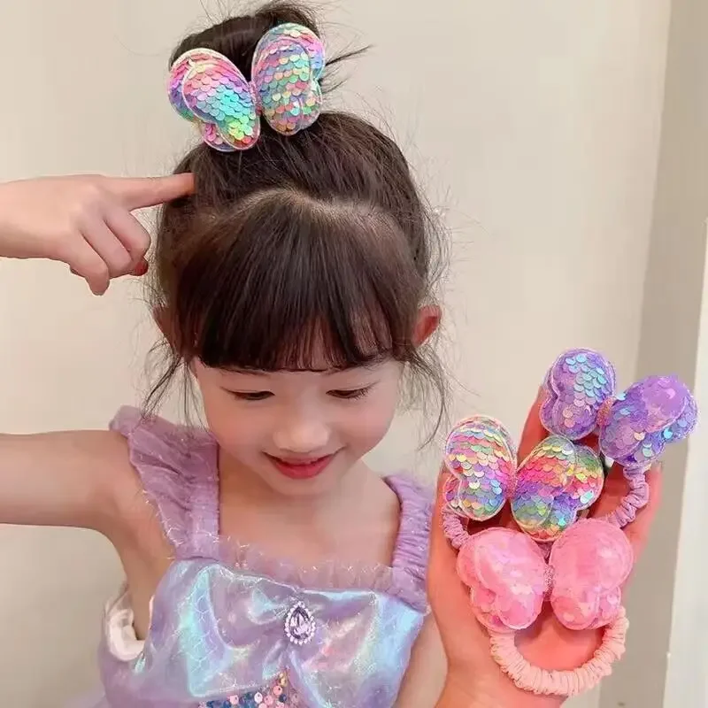 Kids Sequin Butterfly Hair Rope Rubber Band Children's Ponytail Hair Tie Colorful Hair Bands for Girls Accessories Scrunchies