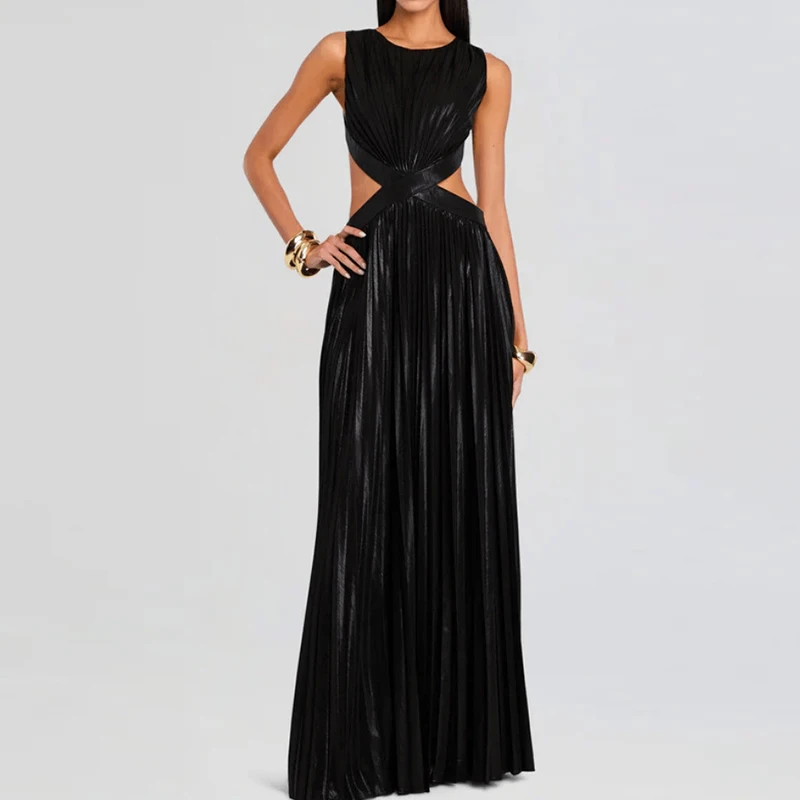 Sexy Hollow Out Backless Swing Beach Dress Spring Summer Sleeveless Solid Party Dress Women O-neck High Waist Pleated Long Dress