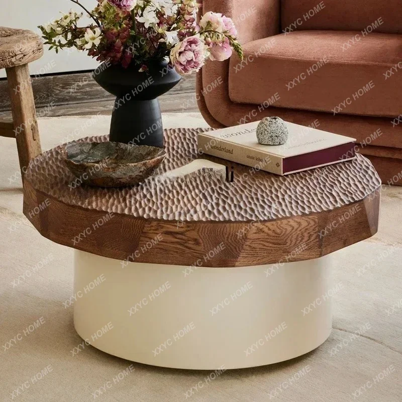 Medieval wabi-sabi wind retro round solid wood coffee table living room creativity, log carving coffee table