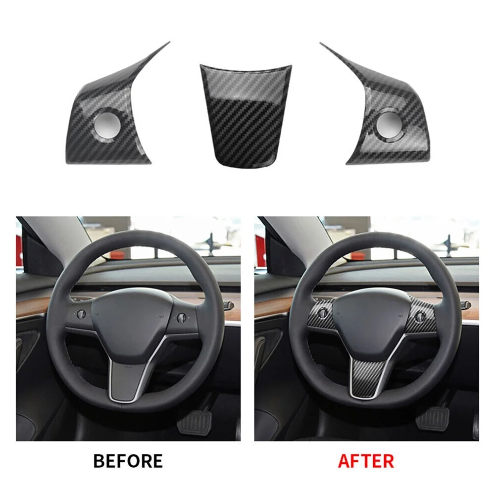 

1 Set ABS Plastic Carbon Fiber Car Interior Steering Wheel Cover Trim Protect Sticker for Tesla Model Y/3 2020-2021 2019 2018