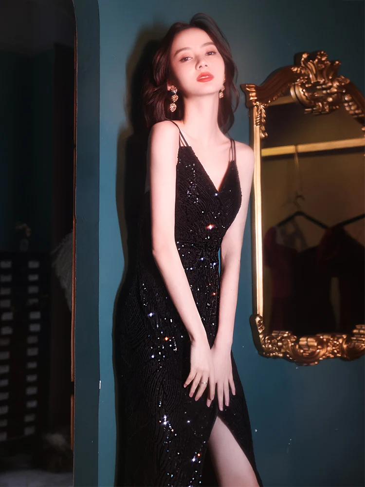 

Ele Bla Strapl Evening Gown Women's New 2025 High-End Luxury Fi Tail Dr for Important Ocns Beautiful Long ...