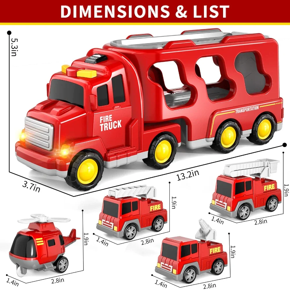 WizKidz Fire Truck Toys 5 In 1 Kids Carrier Friction Power Cars With Light Sound For 3 + Years Old Boys Toddlers Birthday Gifts