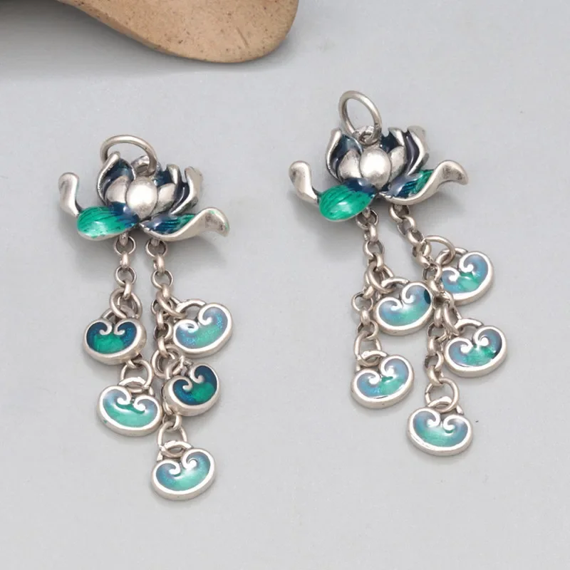Ethnic 925 Sterling Silver Enamle Lotus Flower Tassel Ruyi Pendant Jewelry Vintage Green DIY Handmade Beads Material DZ003