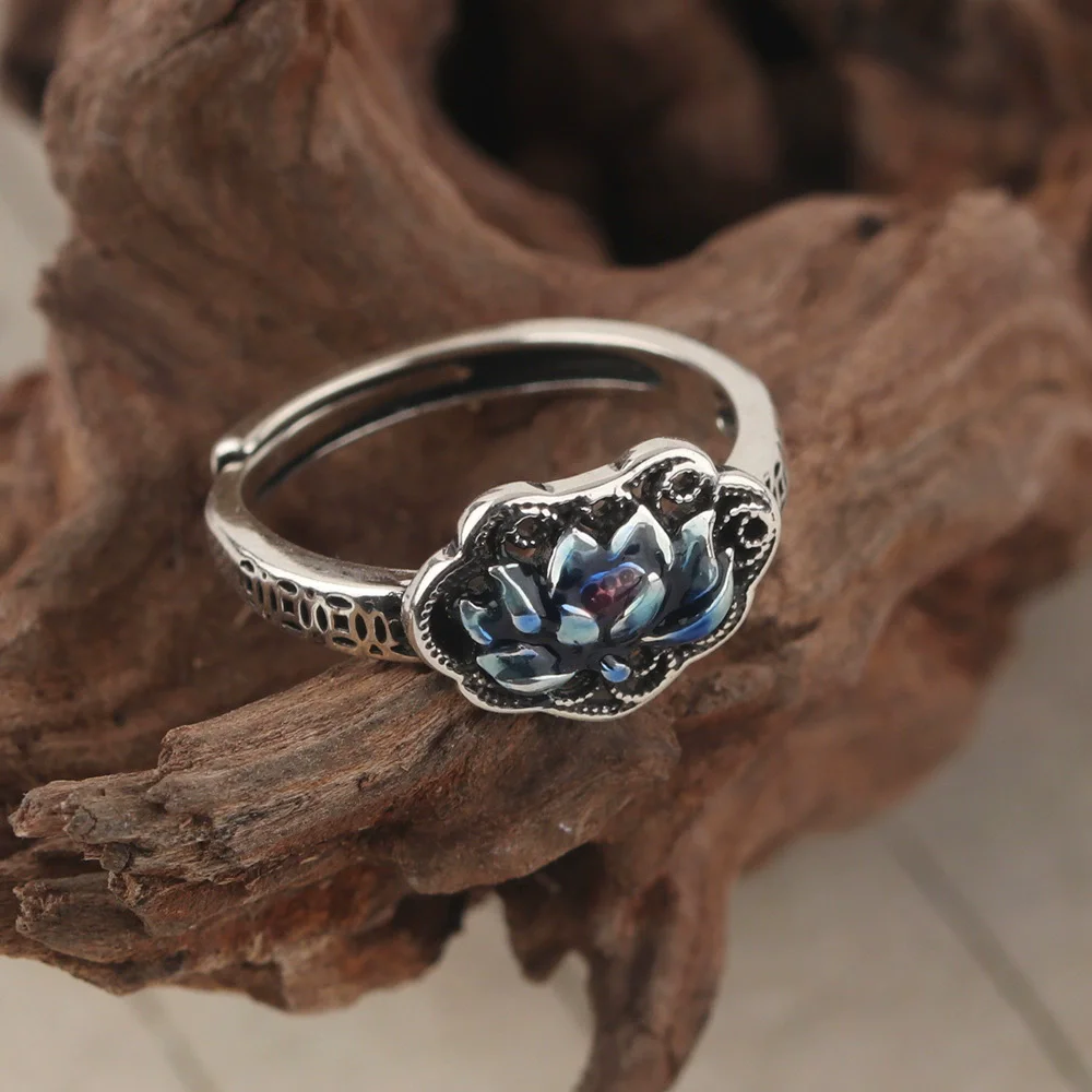 Retro Enamel Lotus Flower Adjustable Opening Rings For Women Girl Ethnic Fashion New Jewelry Accessories Gift Party anillos